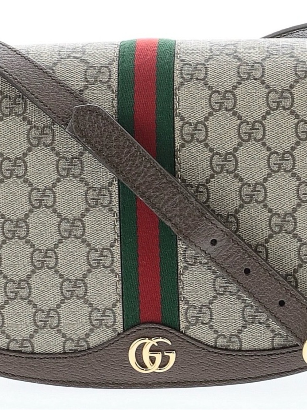 Gucci Beige GG Canvas Saddle Bag with Brown Trim and Green-Red Web